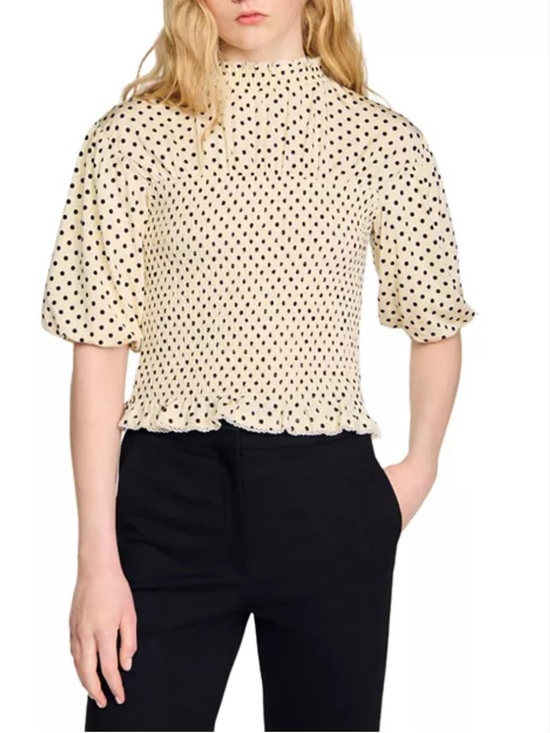 Sandro Tops - Sandro Racine smocked Polka Dot Beige Black Mock Neck Puff Sleeve Blouse size 4